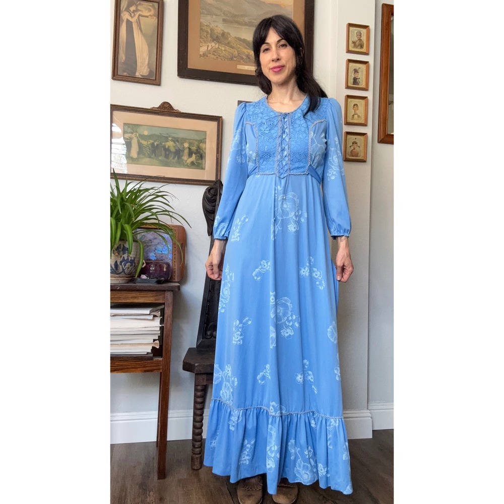 Vintage 70s Prairie Maxi Dress Blue Floral Lace Up Crochet Trim Cottagecore Gown